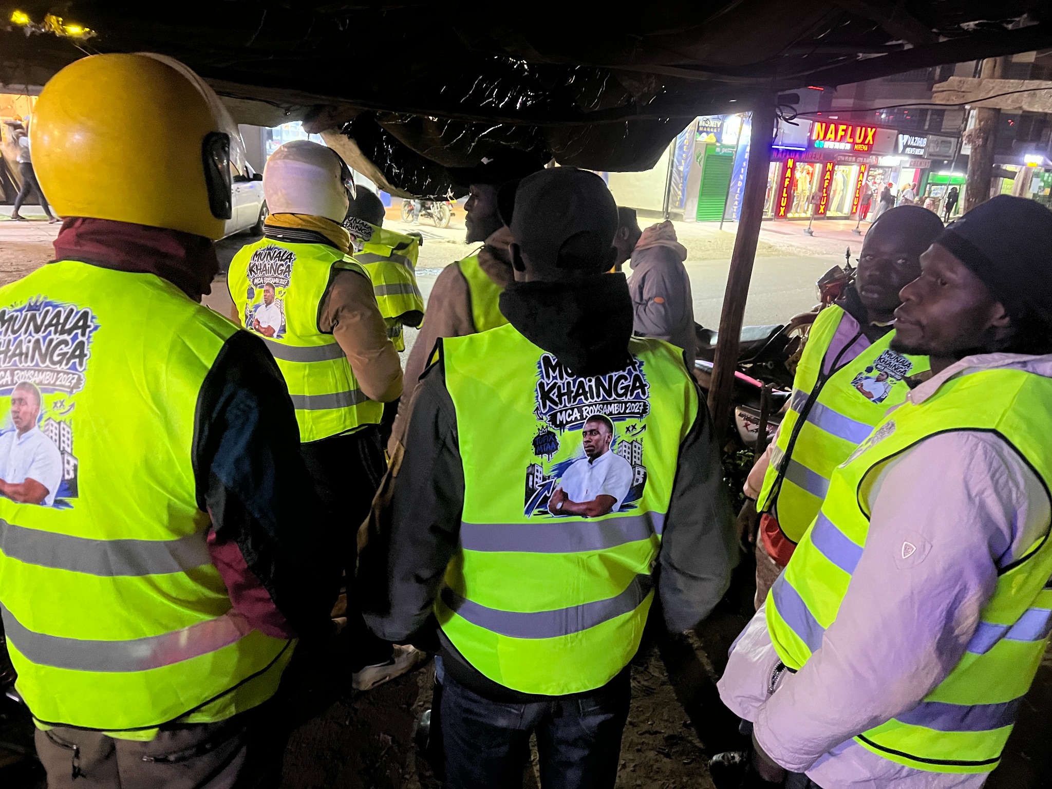Boda boda riders gathered in Mirema wearing Tufix Mtaa reflective jackets